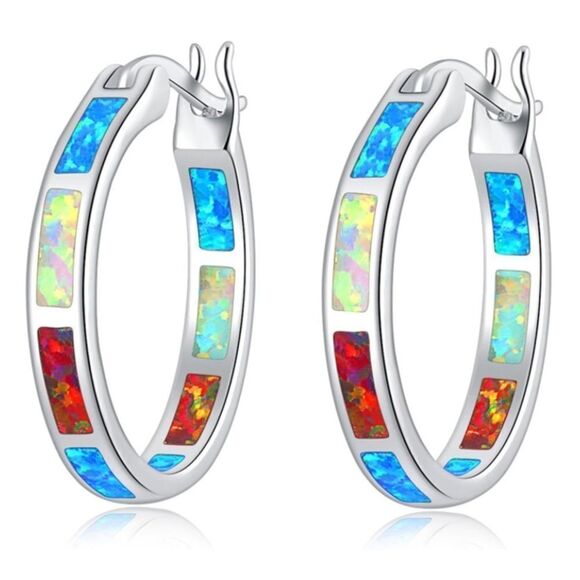 BijouStudios Earrings Jewelry - 14K White Gold with Genuine Red White and Blue Fire Opal Round Hoop Earrings